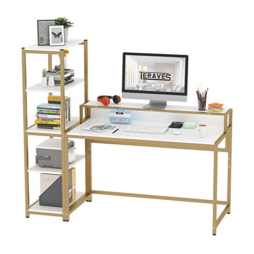 Teraves Computer Desk with 5 Tier Shelves,Reversible Writing Desk with Storage 47 Inch Study Table for Home Office Independent Bookcase and Desk for Multiple Scenes (Desk+Shelves, White+Gold Frame)