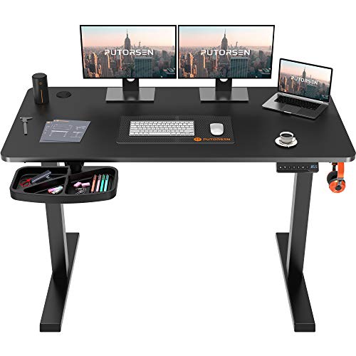 PUTORSEN Electric Height Adjustable Standing Desk, 48 x 24 Inches Sit Stand Home Office Table with Splice Board, Black Frame/Black Top Stand Up Computer Desk with Memory Preset Controller