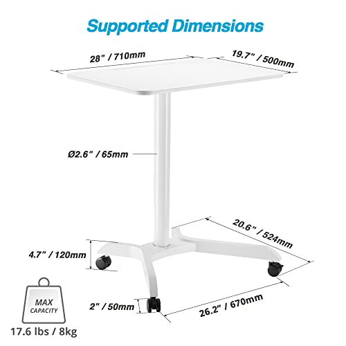 AVLT 44" Pneumatic Laptop Standing Desk Cart (3 ft 8 in) - Mobile Rolling Desk - Computer Projector Cart - Rolling Height Adjustable Folding Desk - Mobile White Cart with Brake Casters