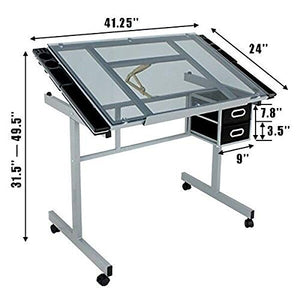 BJYX Craft Station Drafting Table with Glass Top Drawing Desk Art Work Station Artist