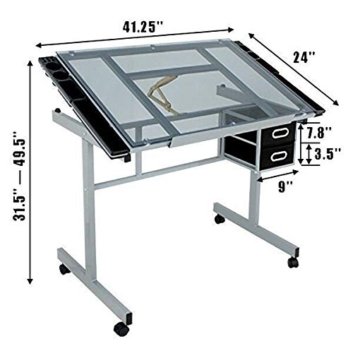 BJYX Craft Station Drafting Table with Glass Top Drawing Desk Art Work Station Artist