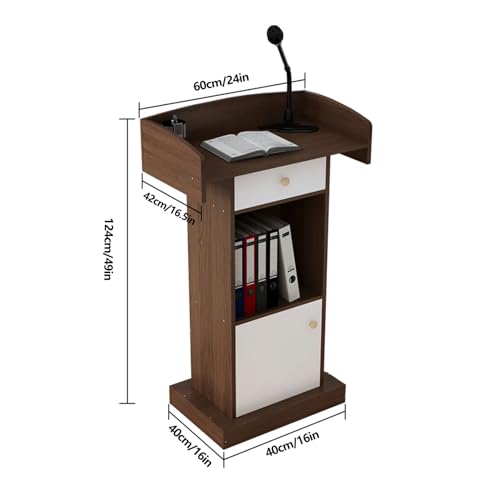 Yadlan Solid Wood White Podium Stand with Microphone Holder and Storage Cabinet