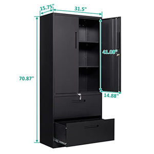 SISESOL Metal Storage Cabinet with Drawers, 71" File Cabinets - Black, 2 Drawers