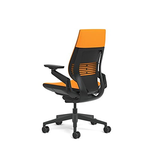 Steelcase Gesture Office Chair - Cogent Connect Tangerine Upholstered Wrapped Back Black Frame Medium Seat Black Seat/Back/Arms Hard Floor Caster Wheels