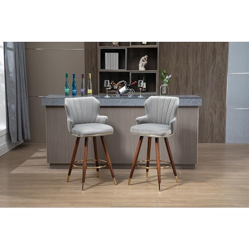 Ergonomic Polyester Bar Stools Set with Footrest and Armrests - Grey Wood Finish