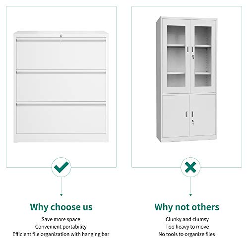 YITAHOME 3 Drawer Lateral File Cabinet with Lock, White - Legal/Letter A4 Size