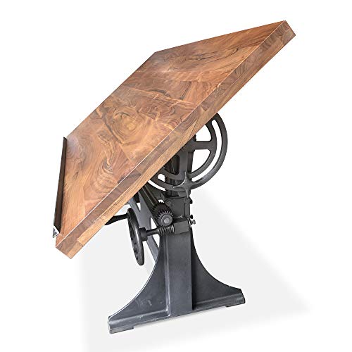 Industrial Adjustable Crank Drafting Desk - Tilt Top - Cast Iron Base 70"