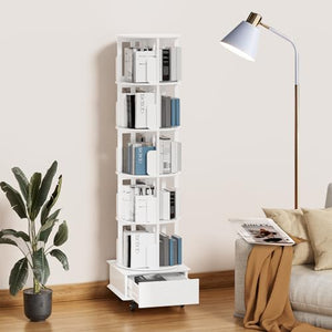 MMV Rotating Book Shelf with Drawer, 5-Tier Mobile Bookshelf, 79" Tall, White