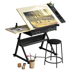 Lgan Drafting Table with Storage, Height Adjustable Tiltable Art Desk, Maple Panel Drawing Desk, for Work Study Painting Craft Table