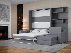 Maxima House Invento Vertical Wall Bed with Corner Sofa & Bookcase, 62.9 x 78.7 inch (Slate Grey/White Monaco/Grey)