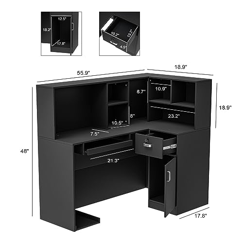 LEADZM L-Shaped Reception Desk with Counter, Lockable Drawers, Adjustable Shelf - Black (55.9" W x 18.9" D x 48" H)