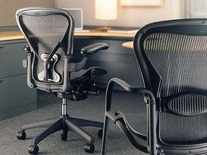 Herman Miller Classic Aeron Task Chair: Tilt Limiter w/Seat Angle Adj - PostureFit Support - Fixed Vinyl Arms - Standard Carpet Casters
