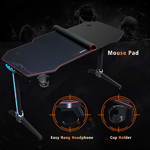 ELEGANT Gaming Desk with Led Lights Gaming Desk 55 inch Computer T-Shaped E-Sports Game Table Metal PC Desk with Mouse Pad Workstation for Home Office(Black)