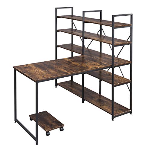 Merax 54" Large Computer 5-Tier Shelves, Office Study Table with Bookcase, Writing Hutch Desk, Brown