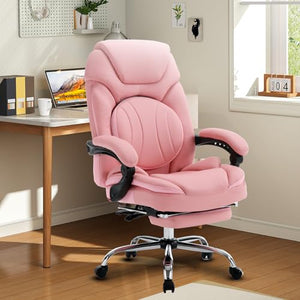 Linting Reclining Office Desk Chair with Footrest and Back Support - PU Leather, Pink, 300lbs - Managerial Executive Chair