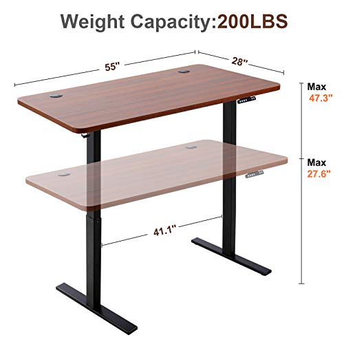 POMT Dual Motor Electric Height Adjustable Computer Desk, 52'' x 28'' Large Stand Up Workstation Board Home Office Table w Programmable Preset Controller 4 Memory Button (Black Frame + Brown Top)