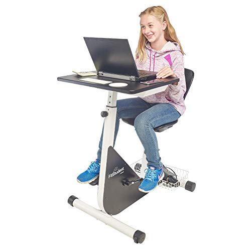 FitStudent Junior Bike Desk - Standing Desk Exercise Bike Pedal Machine with Stabilizer Wheels for Easy Movement - Height Adjustable Desk and Seat with Desk Top Storage