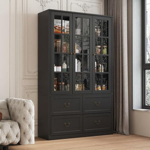 Homsee Modern Black Bookcase Bookshelf with Drawers, Glass Doors - 78.7" H, 8-Tier Shelves