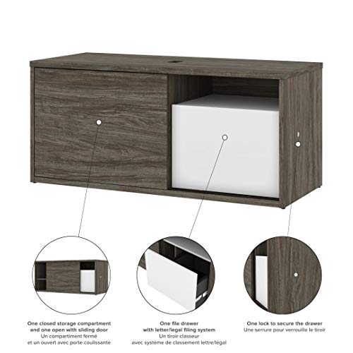 Bestar Pro-Vega L-Shaped Standing Desk with Dual Monitor Arm and Credenza, 81W, Walnut Grey & White
