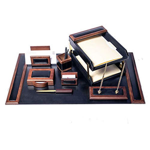 Dacasso Walnut and Black Leather Desk Set, 10-Piece