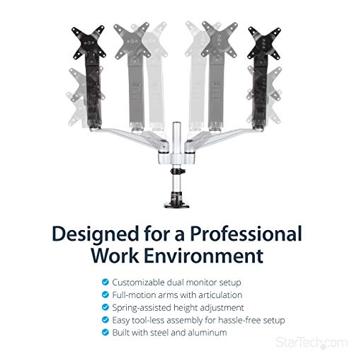 StarTech.com Desk Mount Dual Monitor Arm - Articulating - Supports VESA Monitors 12'' to 30'' - Adjustable - Grommet/Desk Mount - Premium - Silver (ARMDUAL30)