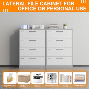 ZAOUS Lateral Filing Cabinet with Lock, 4 Drawer Metal File Cabinet for Home Office - Grey White