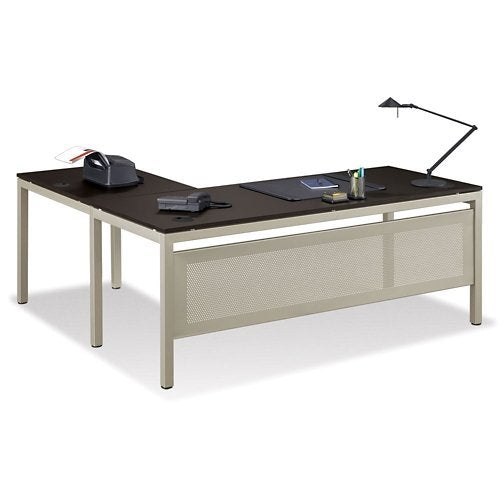 at Work 72"W x 72"D Reversible LDesk Espresso Laminate/Brushed Nickel Painted Steel Frame