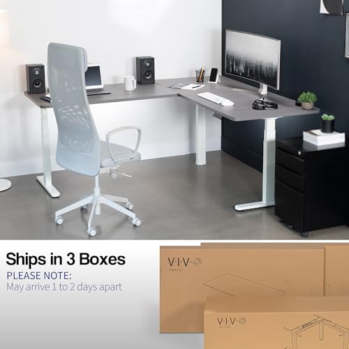 VIVO Electric Height Adjustable L-Shaped Corner Stand Up Desk, White Frame, 2 Dark Gray Table Tops, Memory Controller, 3E Series