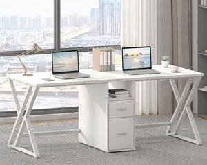LVB Large 2 Person White Computer Desk with File Cabinet and Storage Shelf