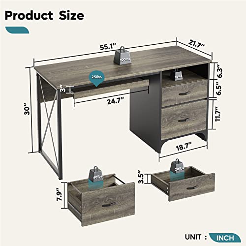 Bestier Office Desk with Drawers, 55 inch Industrial Computer Desk, Dark Gray Oak