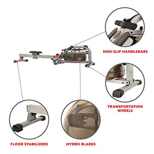 Sunny Health & Fitness Water Rowing Machine Rower w/ LCD Monitor, 265 Max Weight, Adjustable Footpads and Foldable 48" Aluminum Slide Rail - SF-RW5866, Gray