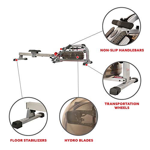 Sunny Health & Fitness Water Rowing Machine Rower w/ LCD Monitor, 265 Max Weight, Adjustable Footpads and Foldable 48" Aluminum Slide Rail - SF-RW5866, Gray