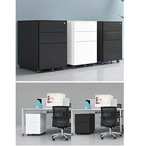 None Vertical Metal File Cabinet with 3 Drawers and 5 Wheels - Black