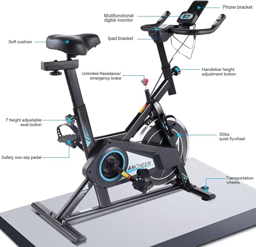 ANCHEER Exercise Stationary Bike, Indoor Cycling Bike Belt Drive with APP Connection, Adjustable Resistance, LCD Monitor, Comfortable Cushion,Pad/Phone Holder, Quiet for Home Gym Cardio Workout