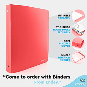1 Inch Binders 3 Ring Red, 1” Soft Plastic Flexible Cover Round Ring with a Pocket Binder, Holds 175 Sheets, School Supplies Also Available in Purple, Pink, Green, Blue, Grey, 1 PK – by Enday