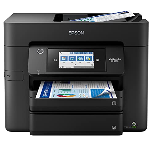 Epson Workforce Pro WF 4829 Wireless All-in-One Color Inkjet Printer - Print Scan Copy Fax- 25 ppm, 4800 x 2400 dpi, 4.3" Touchscreen, Auto 2-Sided Printing, 50-sheet ADF, 500-Sheet Capacity, Ethernet