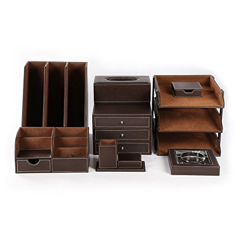 KINGFOM 8 PCS/set Office Desk Organizer, Files Holder Tray, Desk Drawer Cabinet, Stationery Organizer Box, Pen Pencil Holder, Tissue Box Cover etc.(Brown-T01)