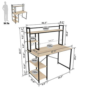 Bestier 47.2'' Computer Desk with Hutch and Bookshelf, Industrial Home Office Working Wooden Table with 2 Tiers Adjustable Shelves, Sturdy Room Desk for Gaming Workstation, Easy Assemble, Oak