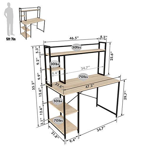Bestier 47.2'' Computer Desk with Hutch and Bookshelf, Industrial Home Office Working Wooden Table with 2 Tiers Adjustable Shelves, Sturdy Room Desk for Gaming Workstation, Easy Assemble, Oak