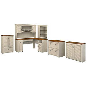 Scranton & Co Furniture Fairview L Desk 6 Pc Office Set in Antique White