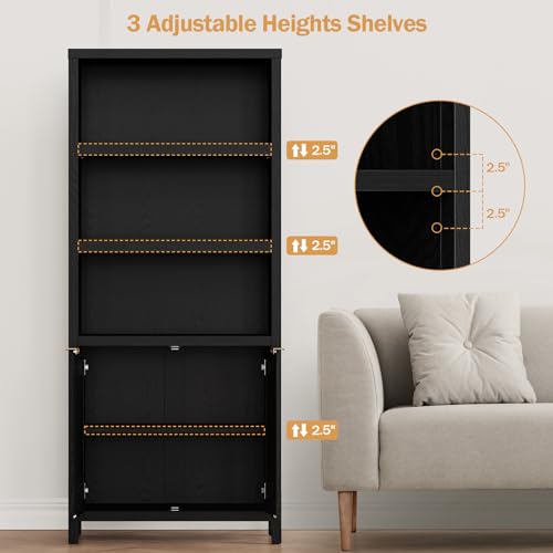 SICOTAS 5 Tier Rattan Boho Bookcase with Doors - Black 2PCS