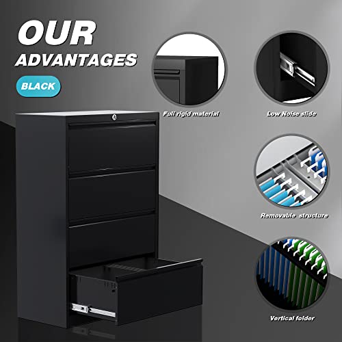 GangMei Metal 4 Drawer Lateral File Cabinet with Lock, Legal Size Steel Filing Cabinet (Black)