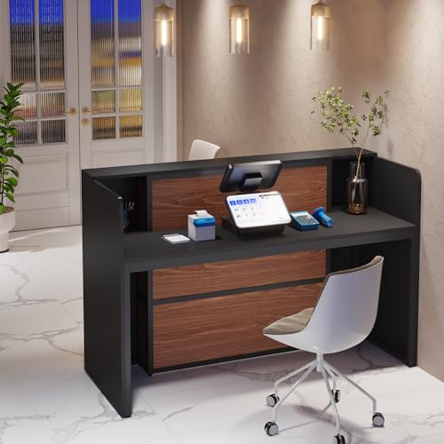 Tribesigns Reception Desk with LED Lights, 63 Inches Front Counter Table (Black&Brown)
