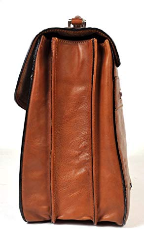 Tony Perotti Mens Italian Cow Leather Bella Russo Triple Compartment Leather Laptop Briefcase in Cognac