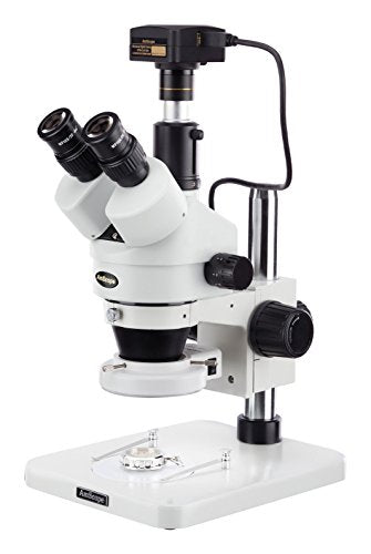 AmScope SM-1TSZZ-144S-10M Digital Professional Trinocular Stereo Zoom Microscope, WH10x and WH20x Eyepieces, 3.5X-180X Magnification, 0.7X-4.5X Zoom Objective, 144-Bulb LED Ring Light, Pillar Stand, 110V-240V, Includes 0.5X and 2.0X Barlow Lenses and 10MP