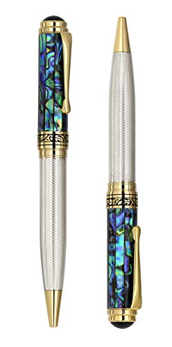 Xezo Maestro Solid 925 Sterling Silver Blue Paua Sea Shell Luxury Ballpoint Pen. No Two Alike, Serialized. 18k Gold Plated (Maestro 925 Sea Shell B)