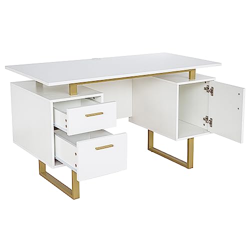 Techni Mobili Modern Office Desk with Storage Drawers and Cabinet, White/Gold