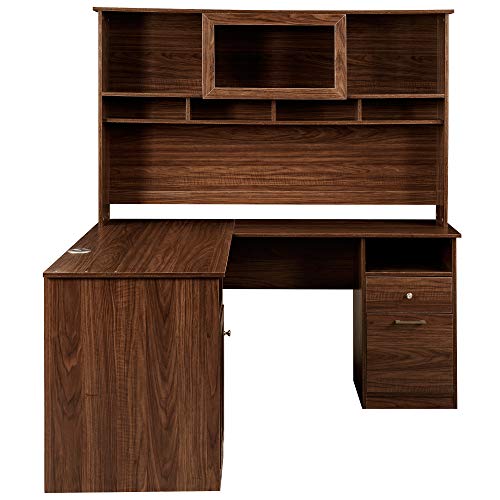 Home Office L-Shaped Desk with Hutch and Glass Doors, Writing Workstation with Shelves and File Cabinet for Home Office (Brown) (Brown)