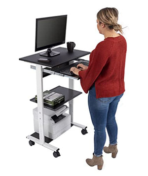 S Stand Up Desk Store Mobile Rolling Adjustable Height Standing Workstation with Printer Shelf and Keyboard Tray (White Frame/Black Top, 30" Wide)