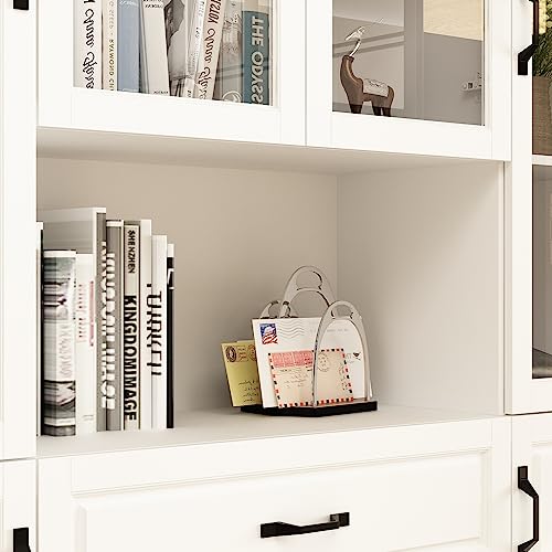 Homsee Tall Bookcase Bookshelf with Storage Shelves, Drawers, Glass Doors - White (63”W x 15.7”D x 78.7”H)